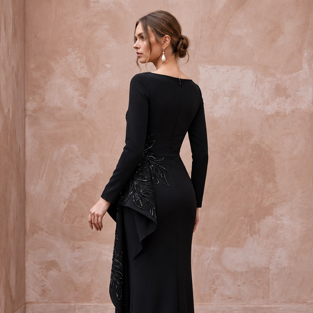 Modest Black Crepe Bateau Neck Long Sleeve Peplum Evening Dress