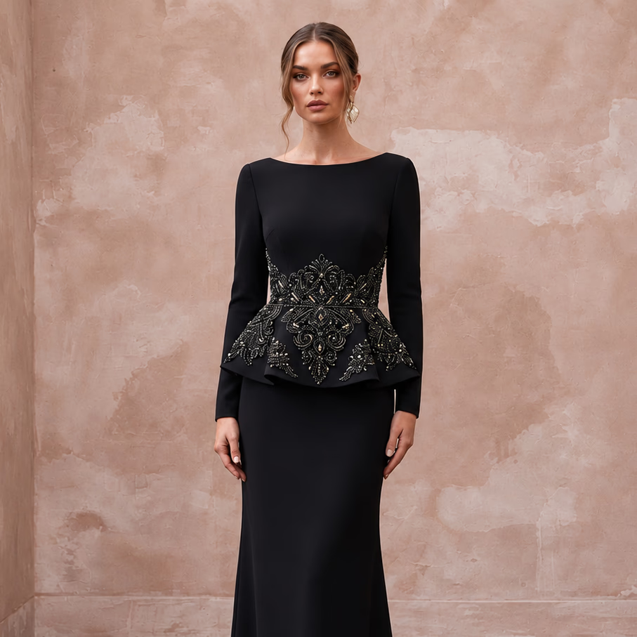 Modest Black Crepe Bateau Neck Long Sleeve Peplum Evening Dress