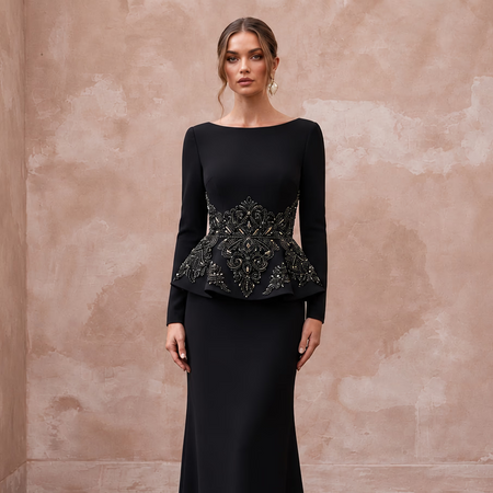 Modest Black Crepe Bateau Neck Long Sleeve Peplum Evening Dress