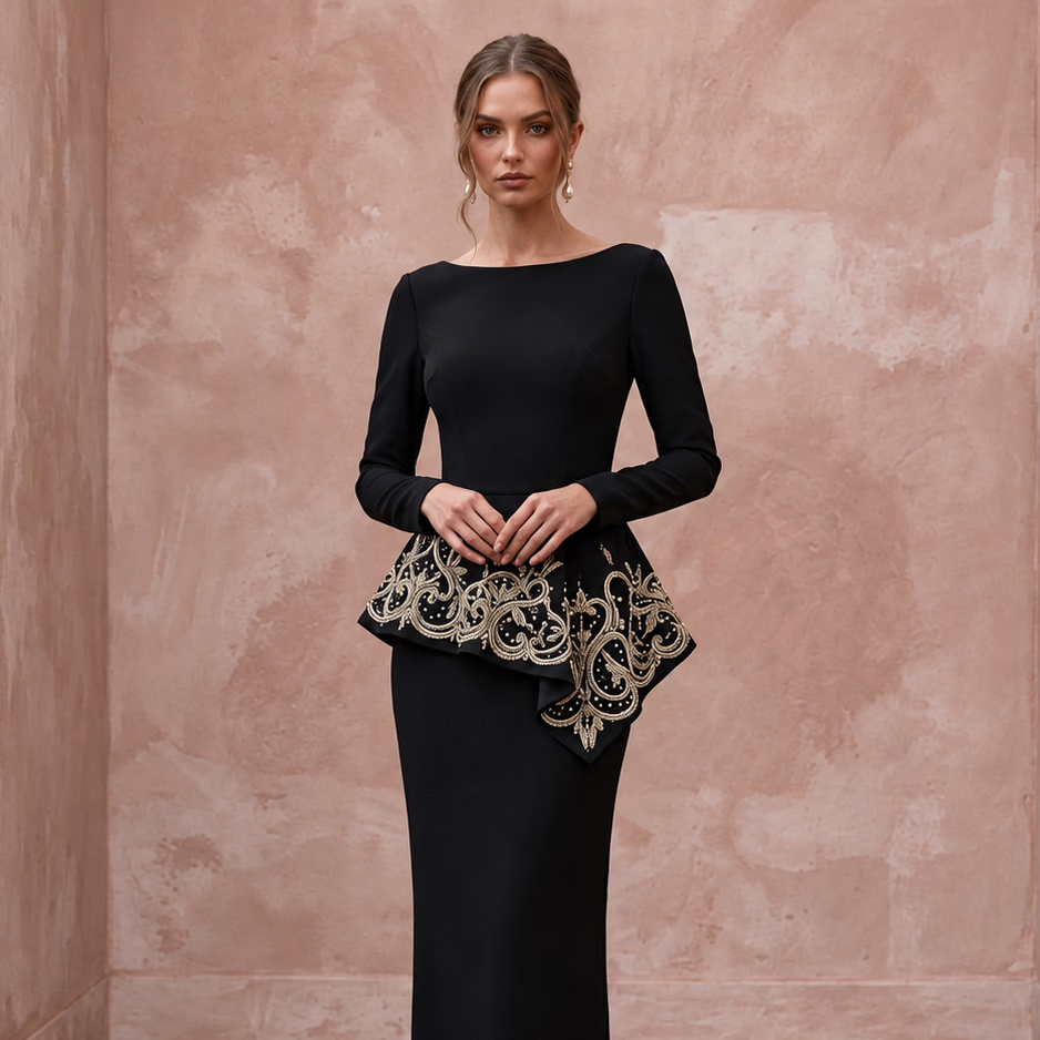 Modest Black Crepe Bateau Neck Long Sleeve Peplum Evening Dress