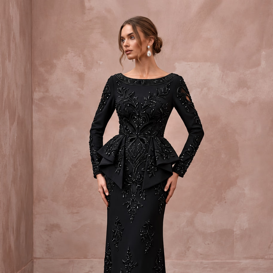 Modest Black Crepe Bateau Neck Long Sleeve Peplum Evening Dress