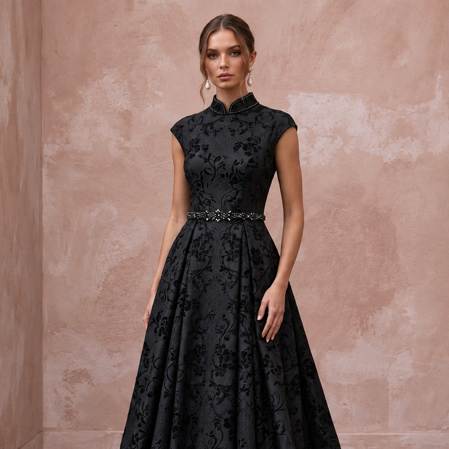 Modest Black Floral Jacquard High Neck A-Line Formal Dress
