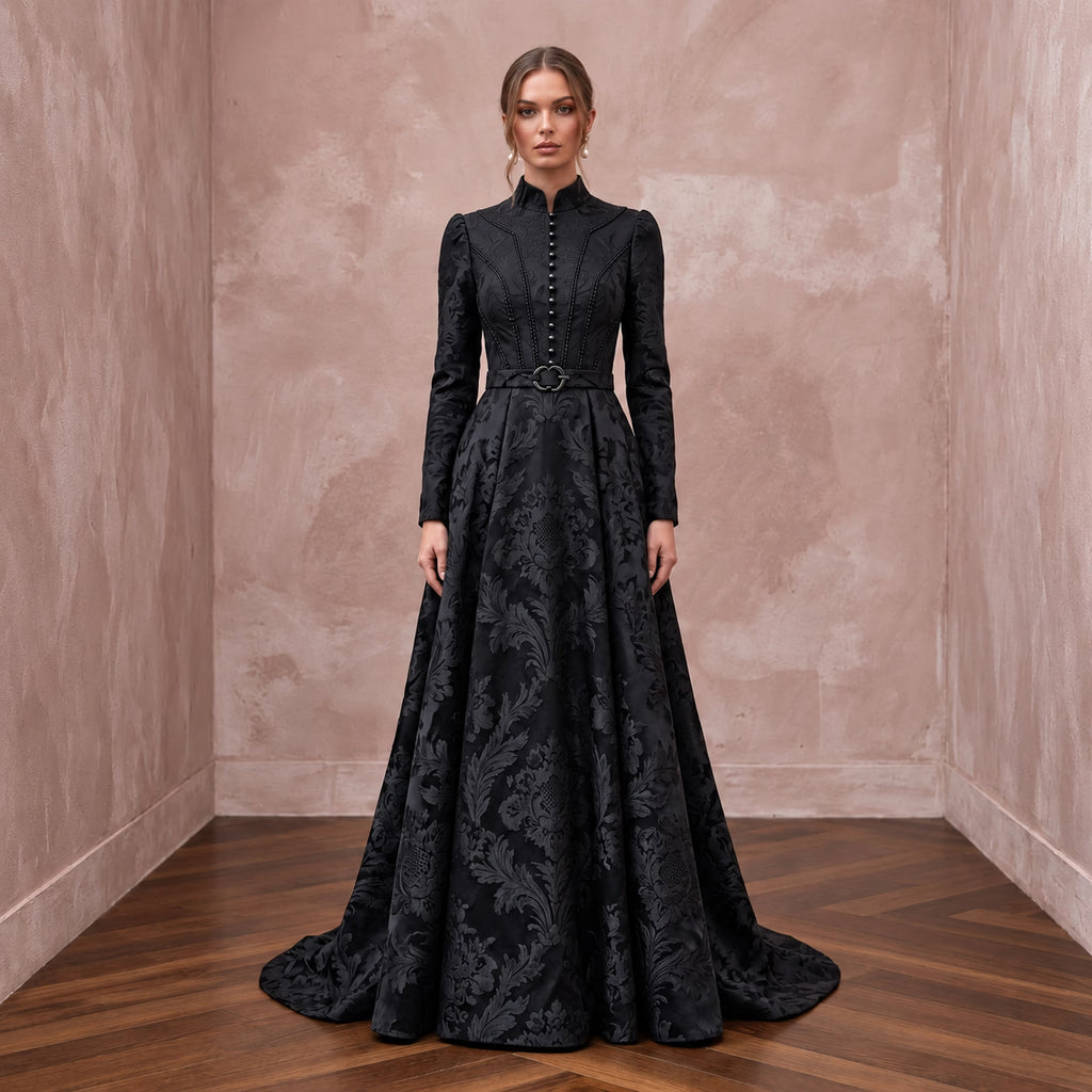 Modest Black Floral Jacquard High Neck A-Line Formal Dress
