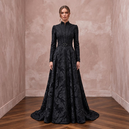 Modest Black Floral Jacquard High Neck A-Line Formal Dress