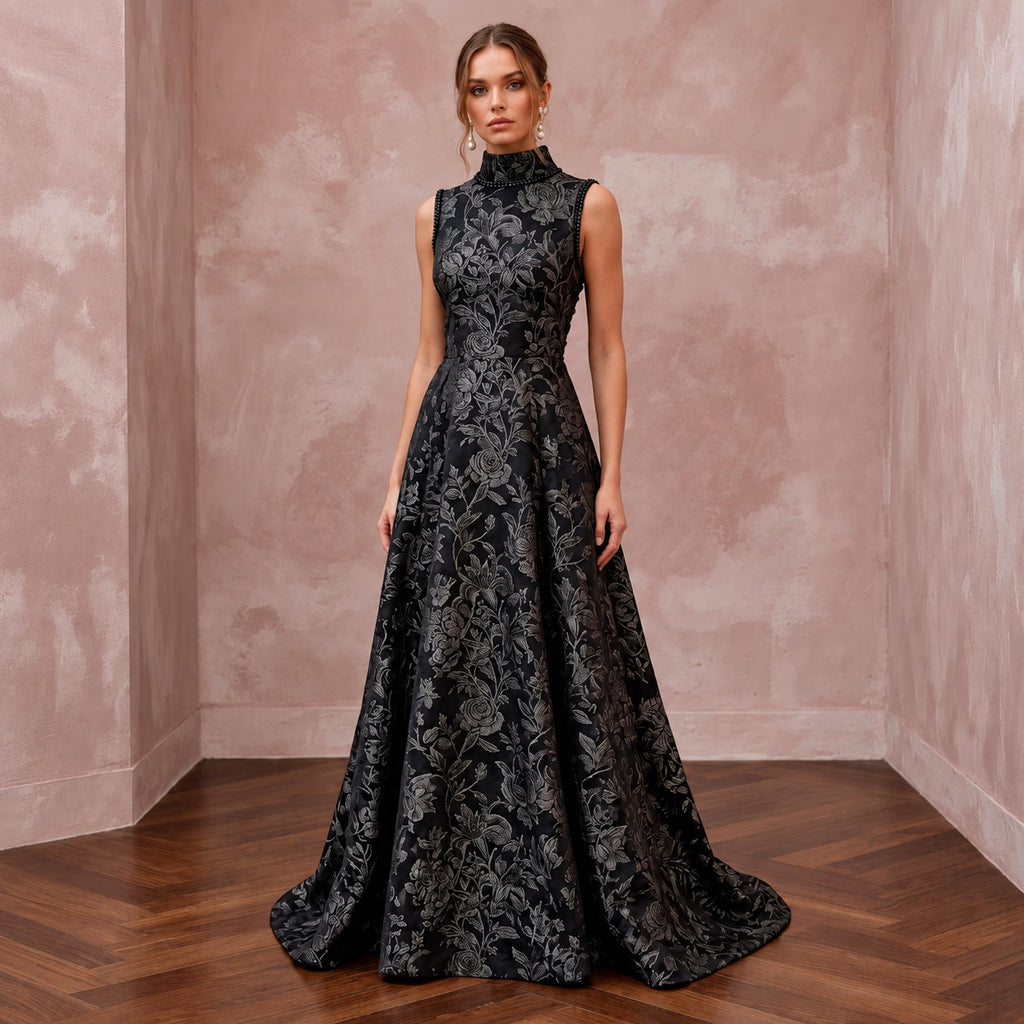 Modest Black Floral Jacquard High Neck A-Line Formal Dress