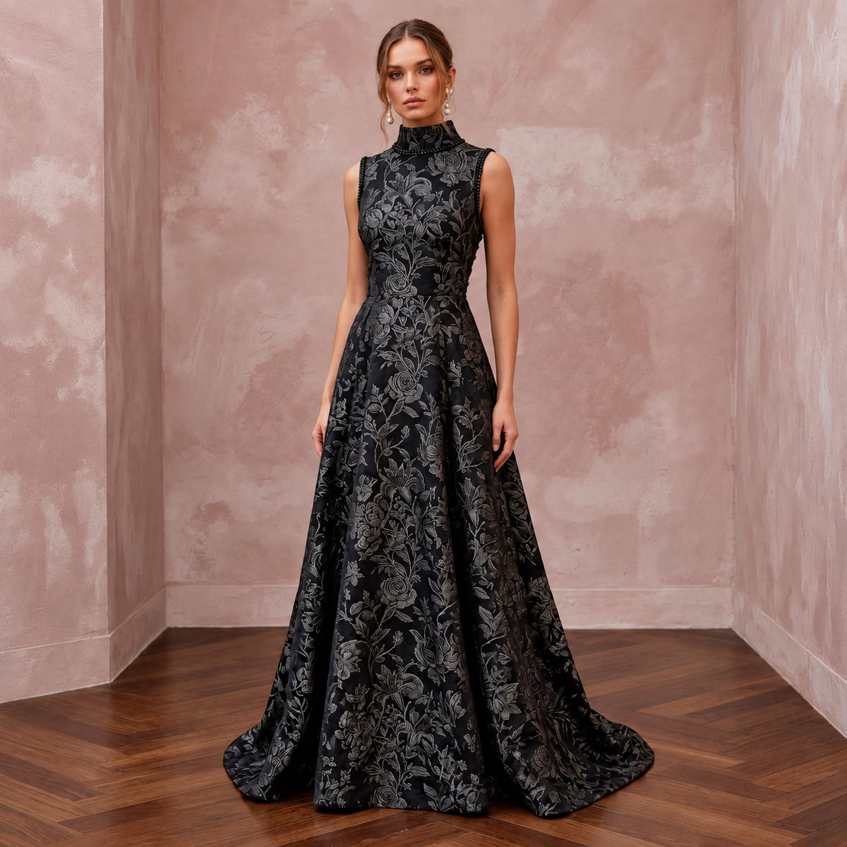 Modest Black Floral Jacquard High Neck A-Line Formal Dress