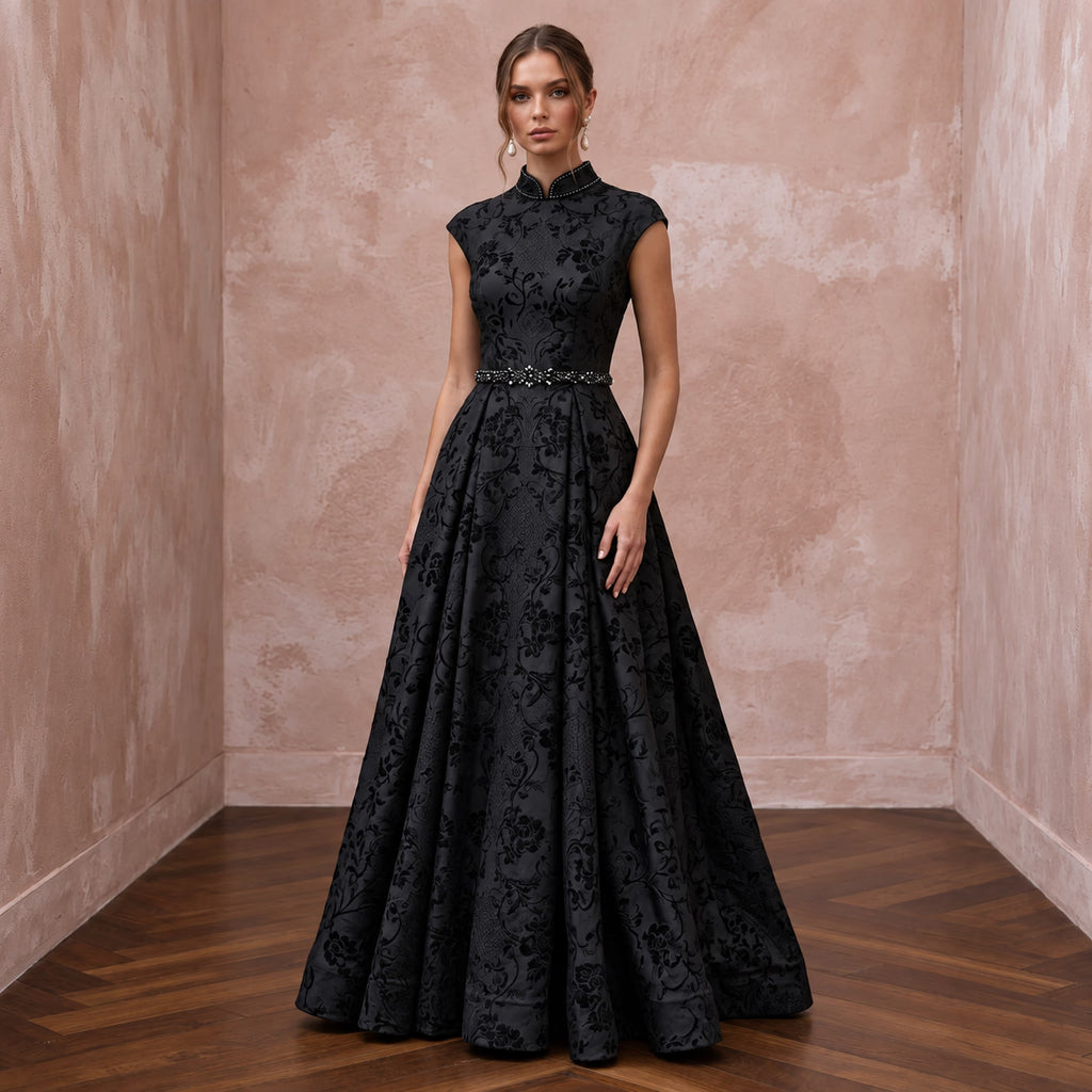 Modest Black Floral Jacquard High Neck A-Line Formal Dress