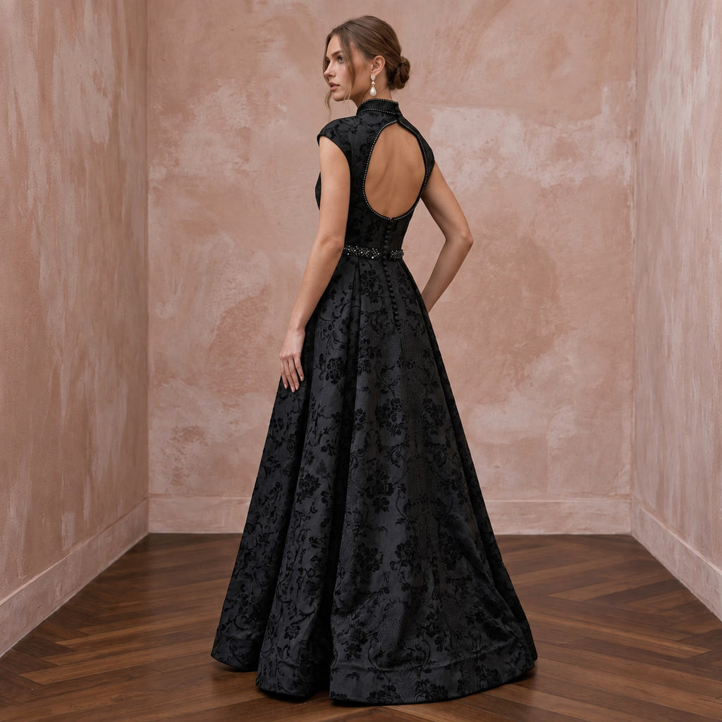 Modest Black Floral Jacquard High Neck A-Line Formal Dress