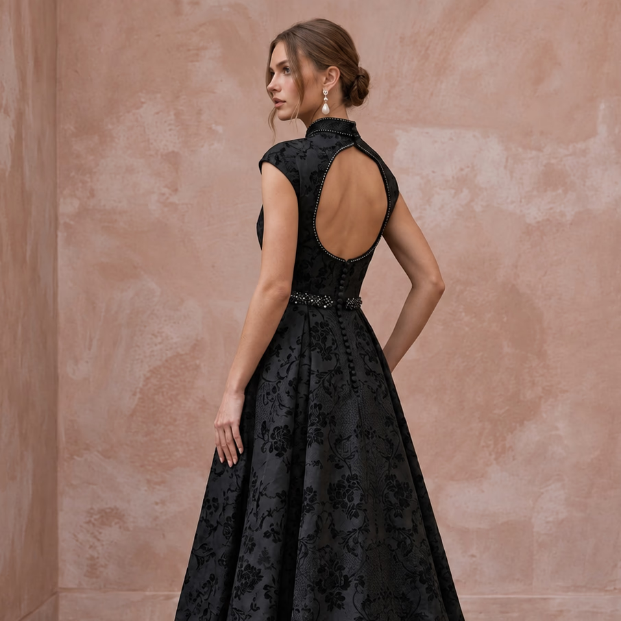 Modest Black Floral Jacquard High Neck A-Line Formal Dress