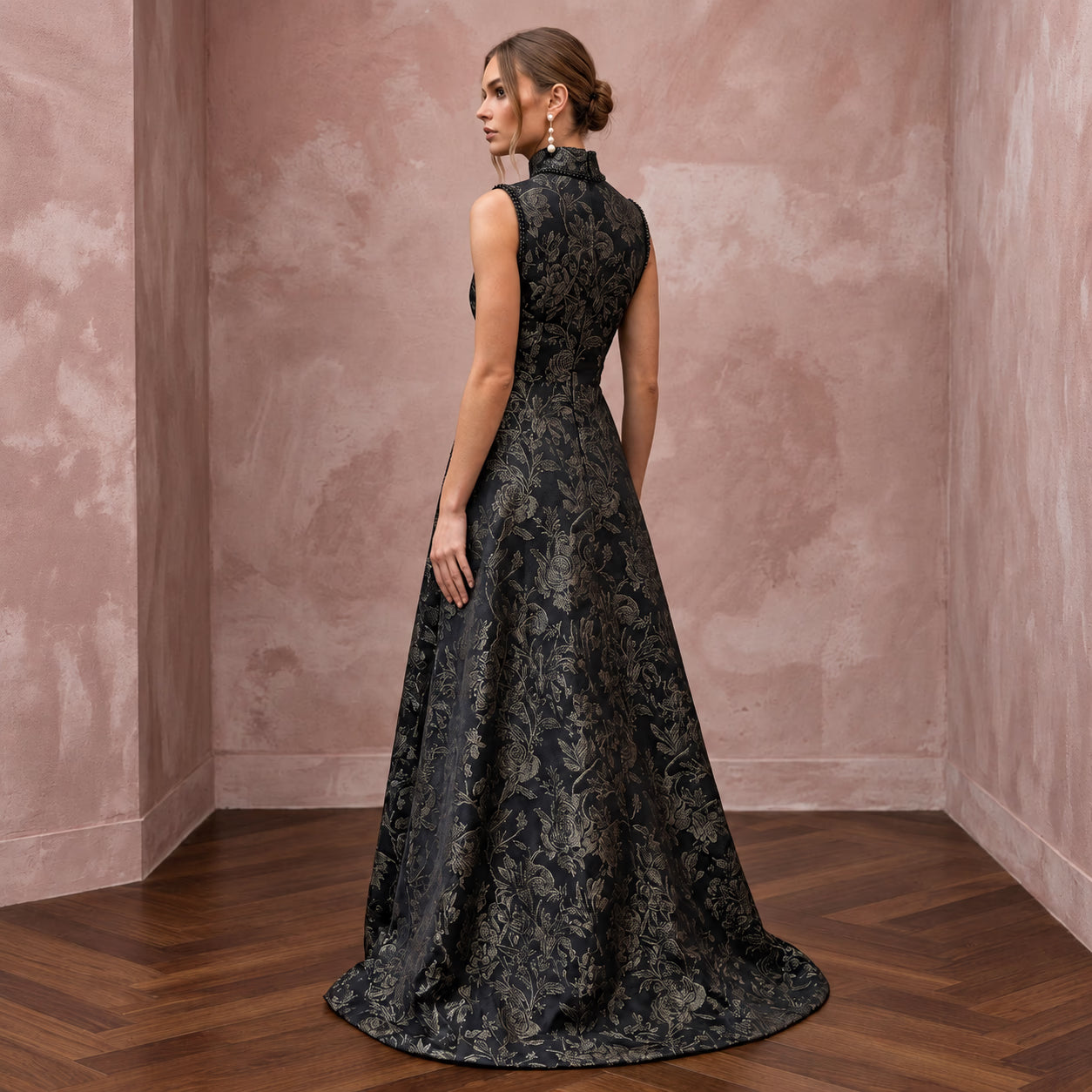 Modest Black Floral Jacquard High Neck A-Line Formal Dress Secondary image