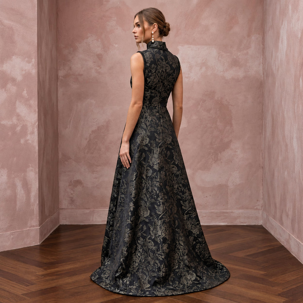 Modest Black Floral Jacquard High Neck A-Line Formal Dress