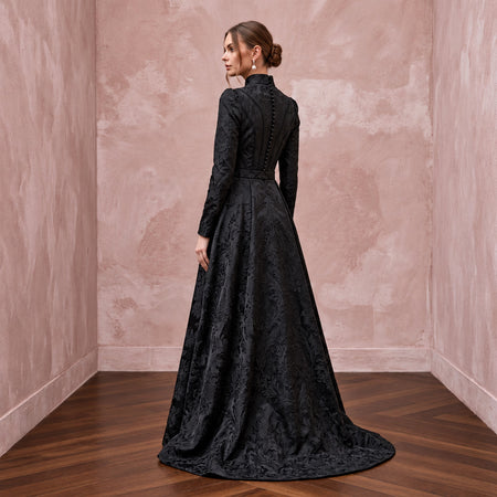 Modest Black Floral Jacquard High Neck A-Line Formal Dress
