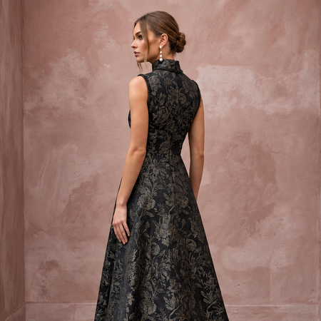 Modest Black Floral Jacquard High Neck A-Line Formal Dress