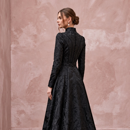Modest Black Floral Jacquard High Neck A-Line Formal Dress