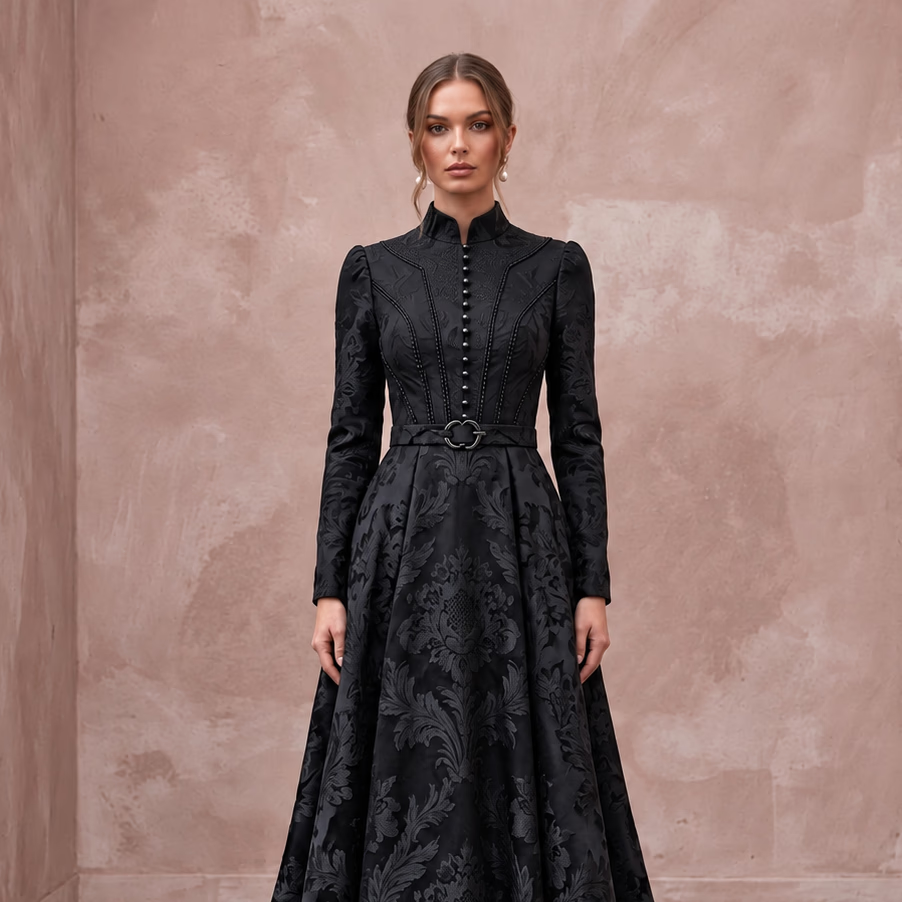 Modest Black Floral Jacquard High Neck A-Line Formal Dress