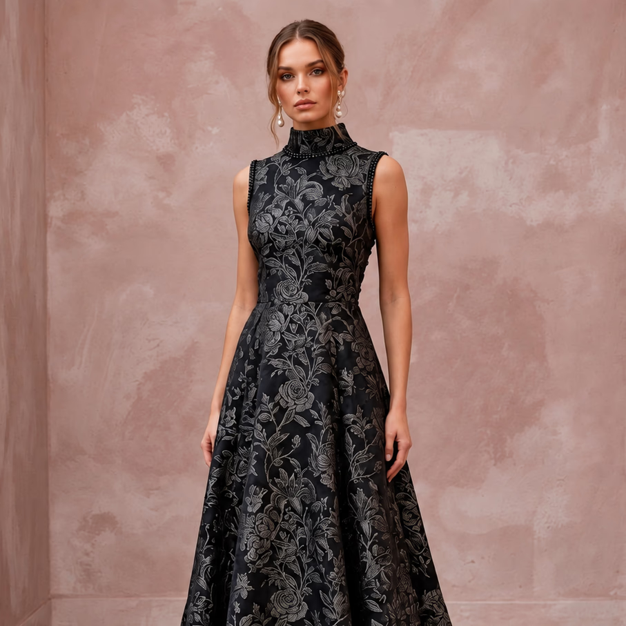Modest Black Floral Jacquard High Neck A-Line Formal Dress