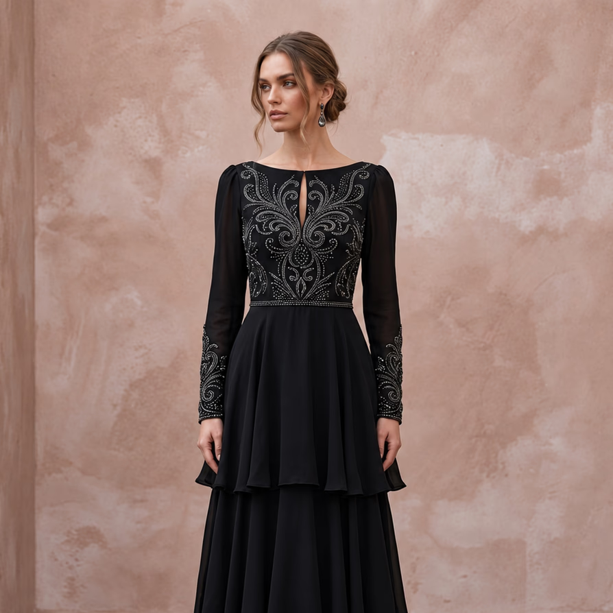 Modest Black Georgette Tiered Long Sleeve Evening Maxi Dress - Apparel & Accessories > Clothing > Wedding & Bridal Party Dresses > Wedding Dresses - Mignonette Bridal