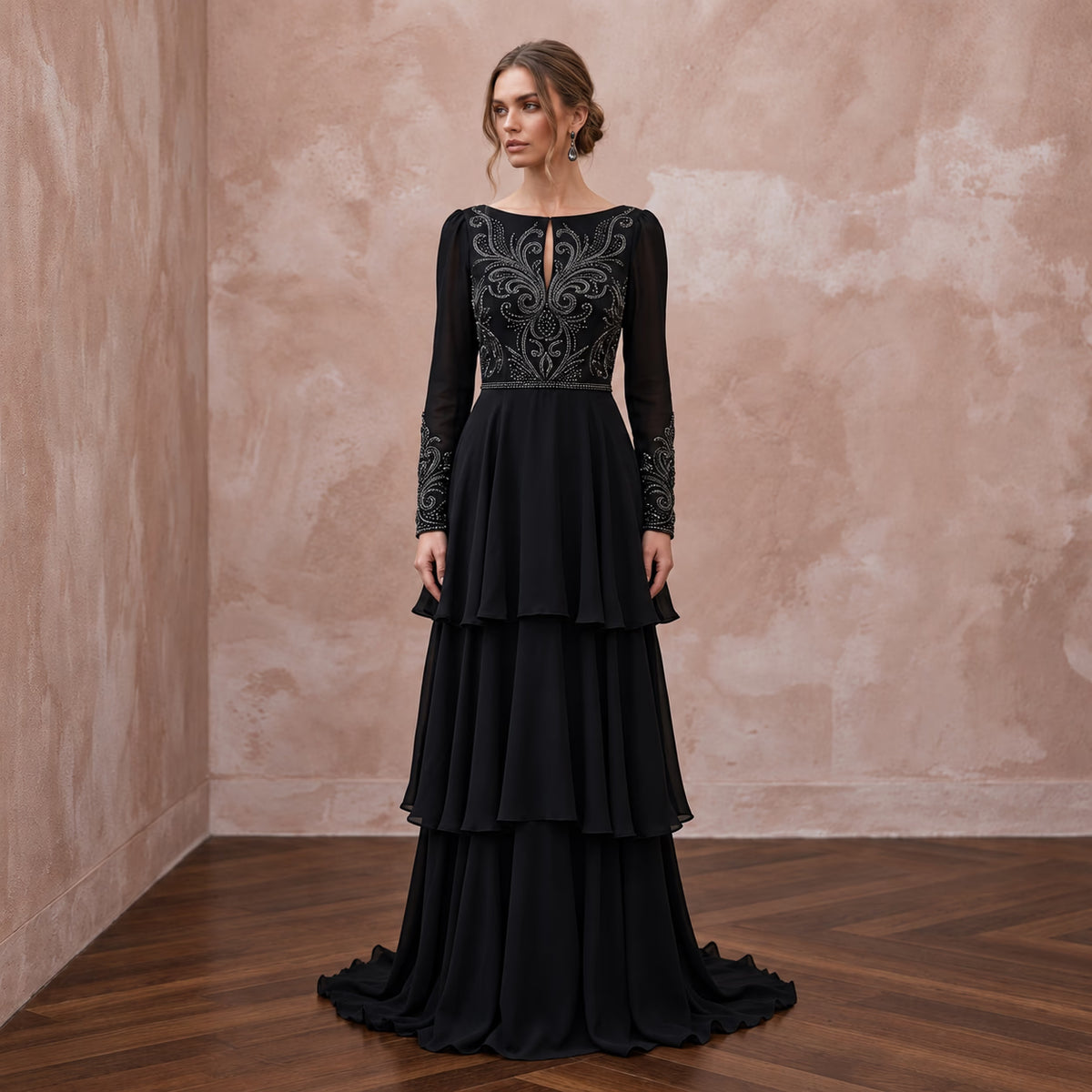 Modest Black Georgette Tiered Long Sleeve Evening Maxi Dress - Apparel & Accessories > Clothing > Wedding & Bridal Party Dresses > Wedding Dresses - Mignonette Bridal Main image