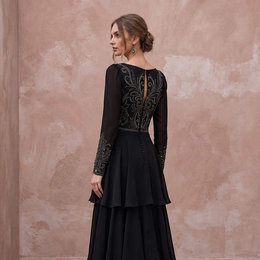 Modest Black Georgette Tiered Long Sleeve Evening Maxi Dress - Apparel & Accessories > Clothing > Wedding & Bridal Party Dresses > Wedding Dresses - Mignonette Bridal