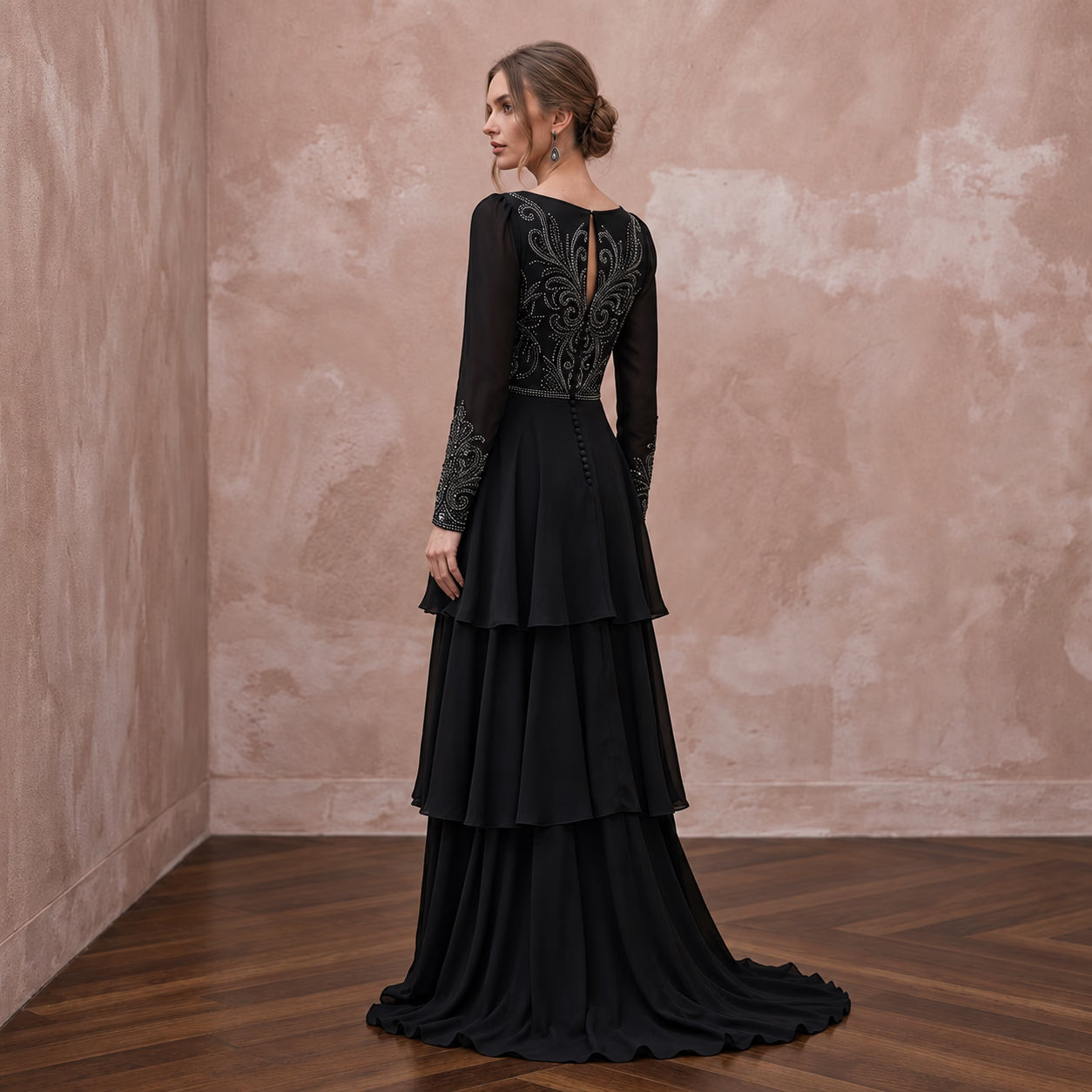 Modest Black Georgette Tiered Long Sleeve Evening Maxi Dress Secondary image