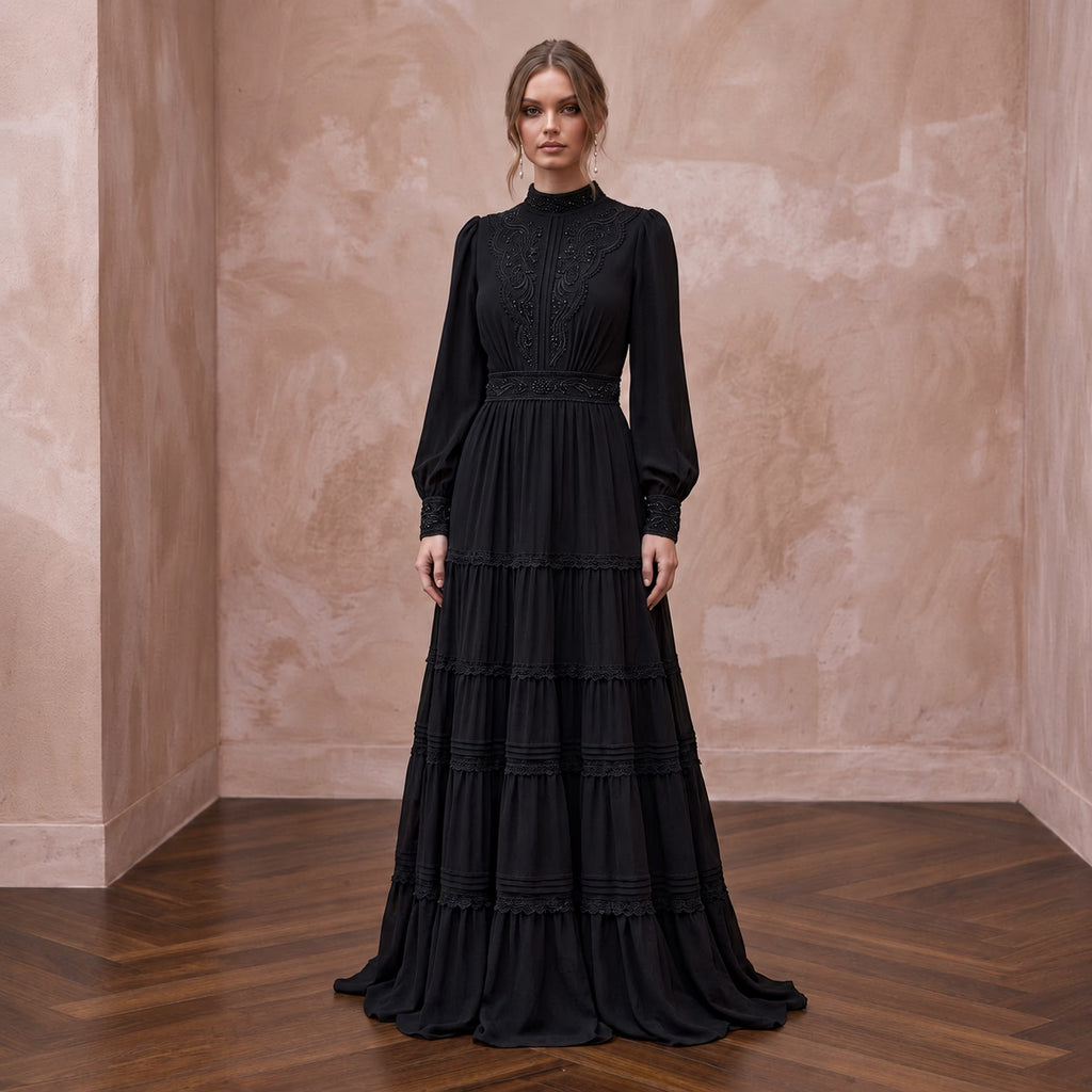 Modest Black Georgette Tiered Long Sleeve Maxi Dress