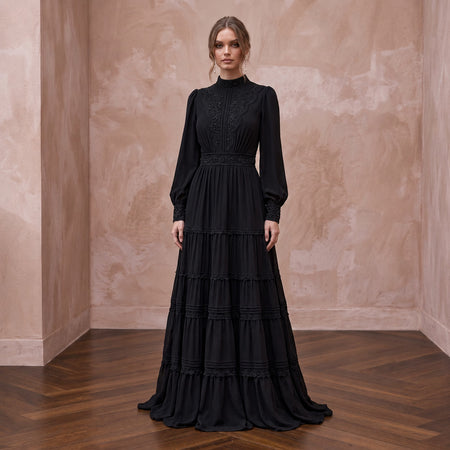 Modest Black Georgette Tiered Long Sleeve Maxi Dress