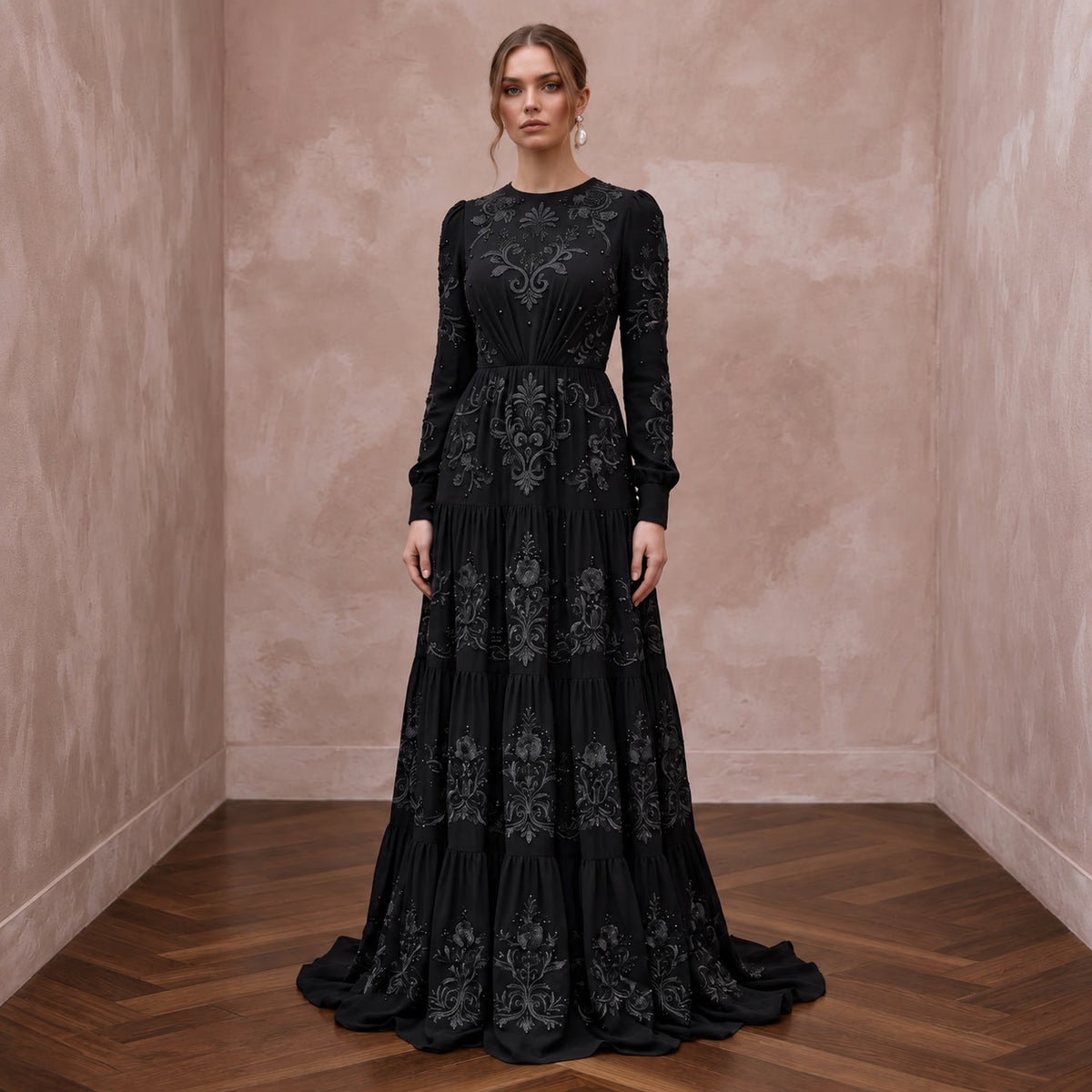 Modest Black Georgette Tiered Long Sleeve Maxi Dress