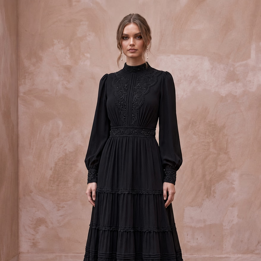 Modest Black Georgette Tiered Long Sleeve Maxi Dress