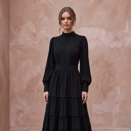 Modest Black Georgette Tiered Long Sleeve Maxi Dress