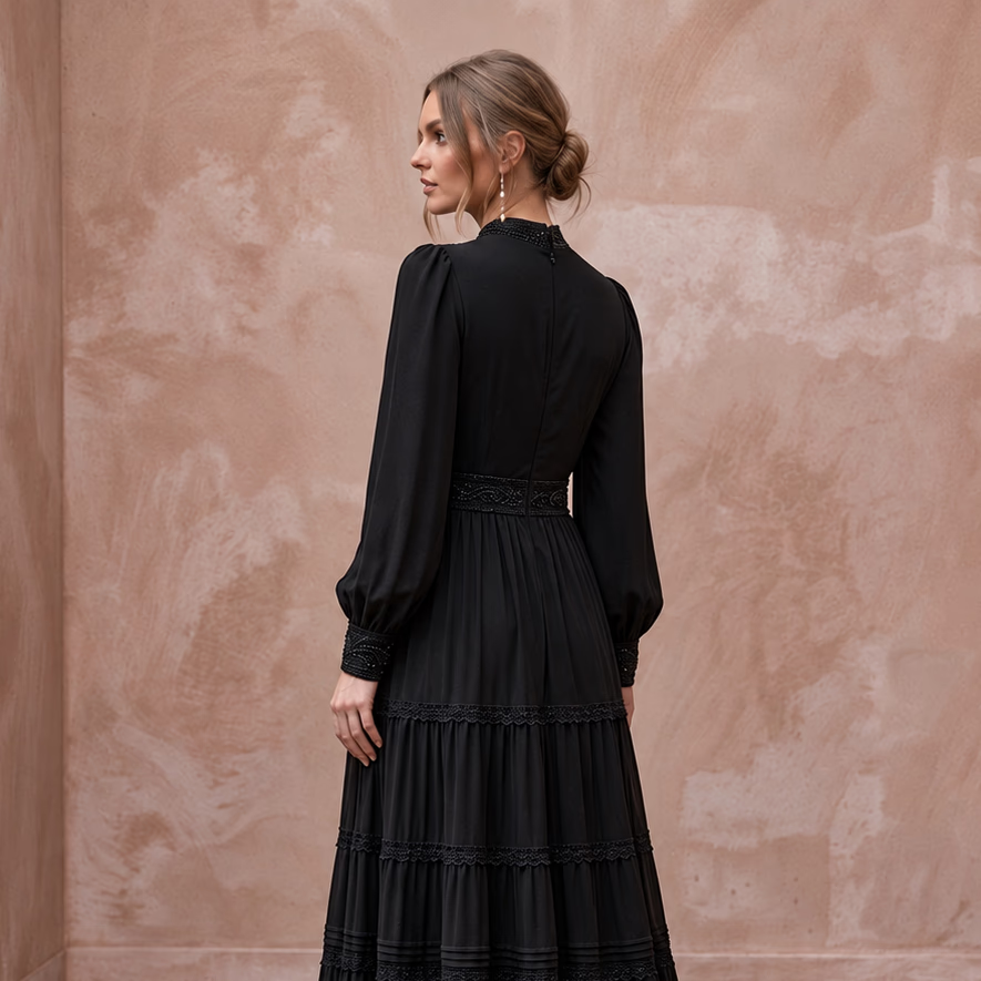 Modest Black Georgette Tiered Long Sleeve Maxi Dress