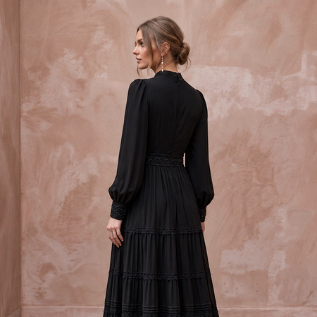 Modest Black Georgette Tiered Long Sleeve Maxi Dress
