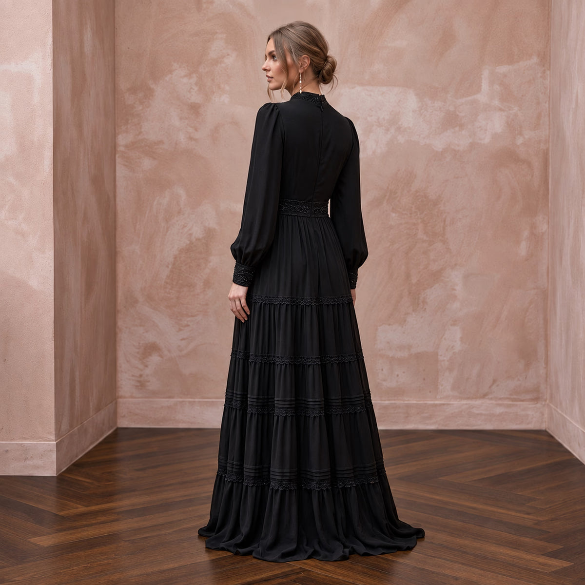 Modest Black Georgette Tiered Long Sleeve Maxi Dress