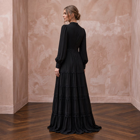 Modest Black Georgette Tiered Long Sleeve Maxi Dress
