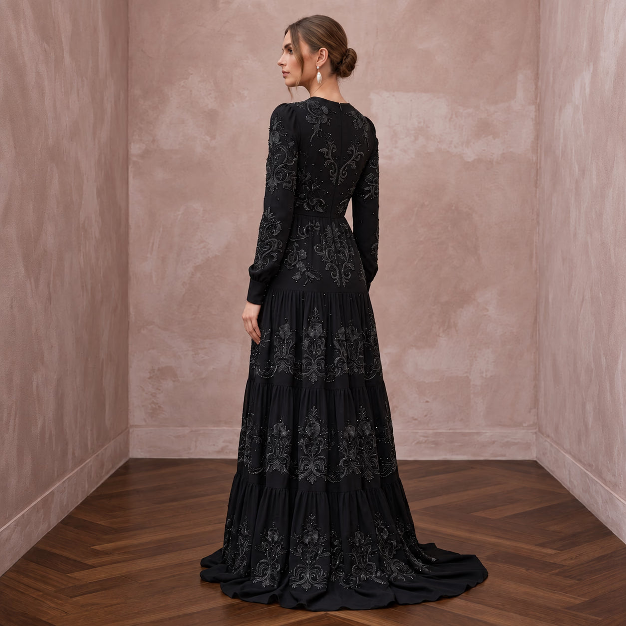 Modest Black Georgette Tiered Long Sleeve Maxi Dress Secondary image