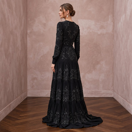 Modest Black Georgette Tiered Long Sleeve Maxi Dress