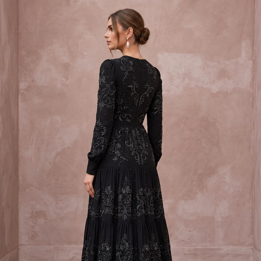 Modest Black Georgette Tiered Long Sleeve Maxi Dress