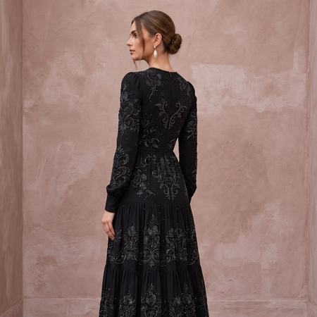 Modest Black Georgette Tiered Long Sleeve Maxi Dress