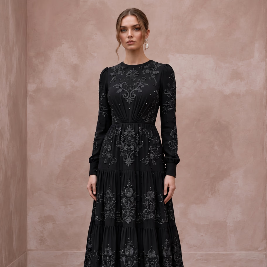 Modest Black Georgette Tiered Long Sleeve Maxi Dress