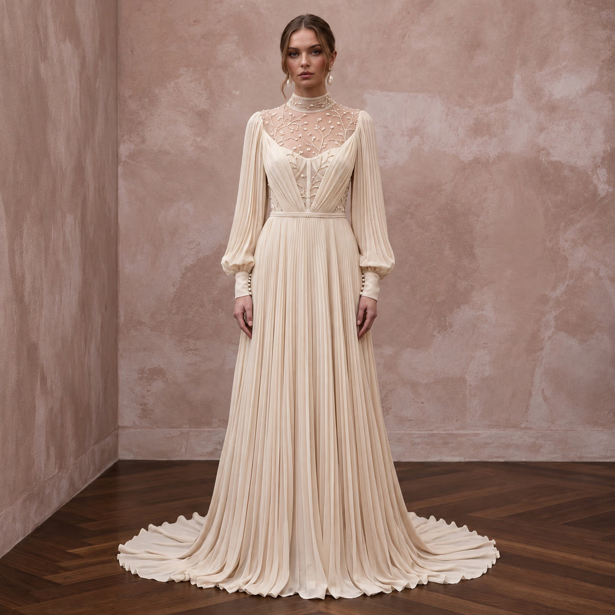 Modest Champagne Chiffon High Neck Pleated Skirt Bridal Gown