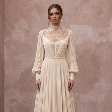 Modest Champagne Chiffon High Neck Pleated Skirt Bridal Gown