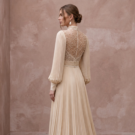 Modest Champagne Chiffon High Neck Pleated Skirt Bridal Gown