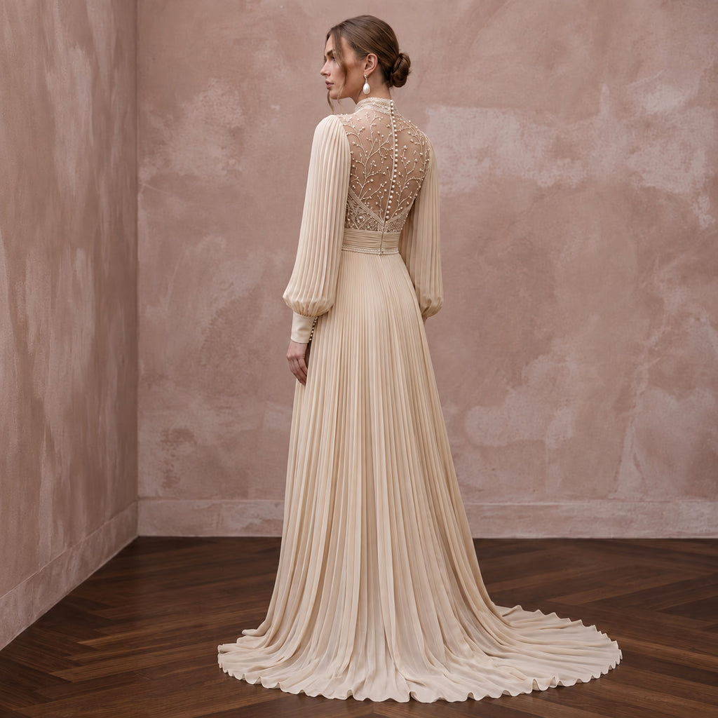 Modest Champagne Chiffon High Neck Pleated Skirt Bridal Gown