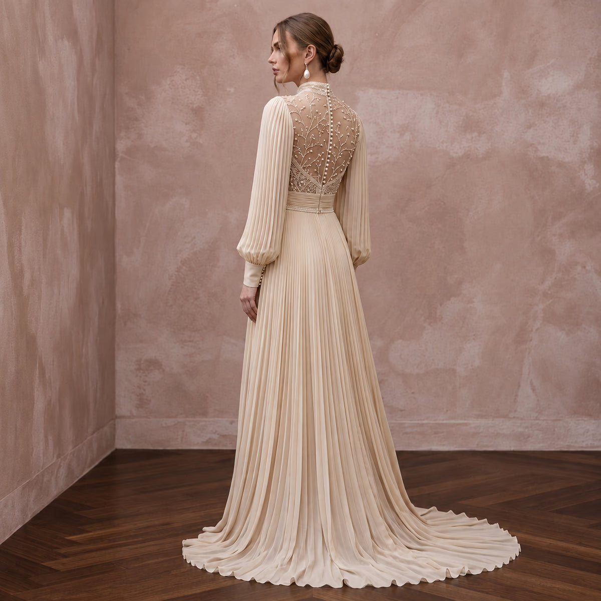 Modest Champagne Chiffon High Neck Pleated Skirt Bridal Gown