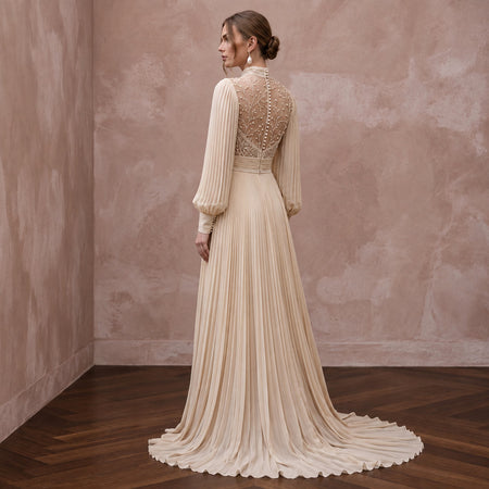 Modest Champagne Chiffon High Neck Pleated Skirt Bridal Gown