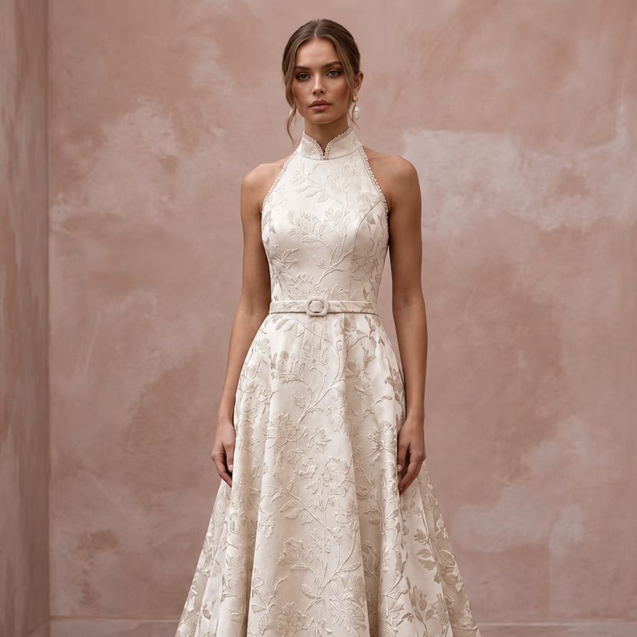 Modest Champagne Floral Jacquard High Neck A-Line Bridal Dress