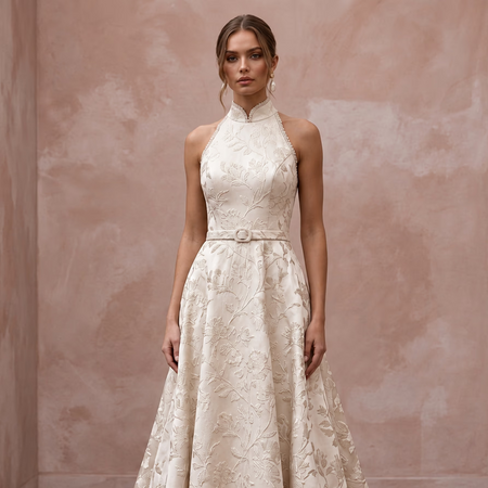 Modest Champagne Floral Jacquard High Neck A-Line Bridal Dress