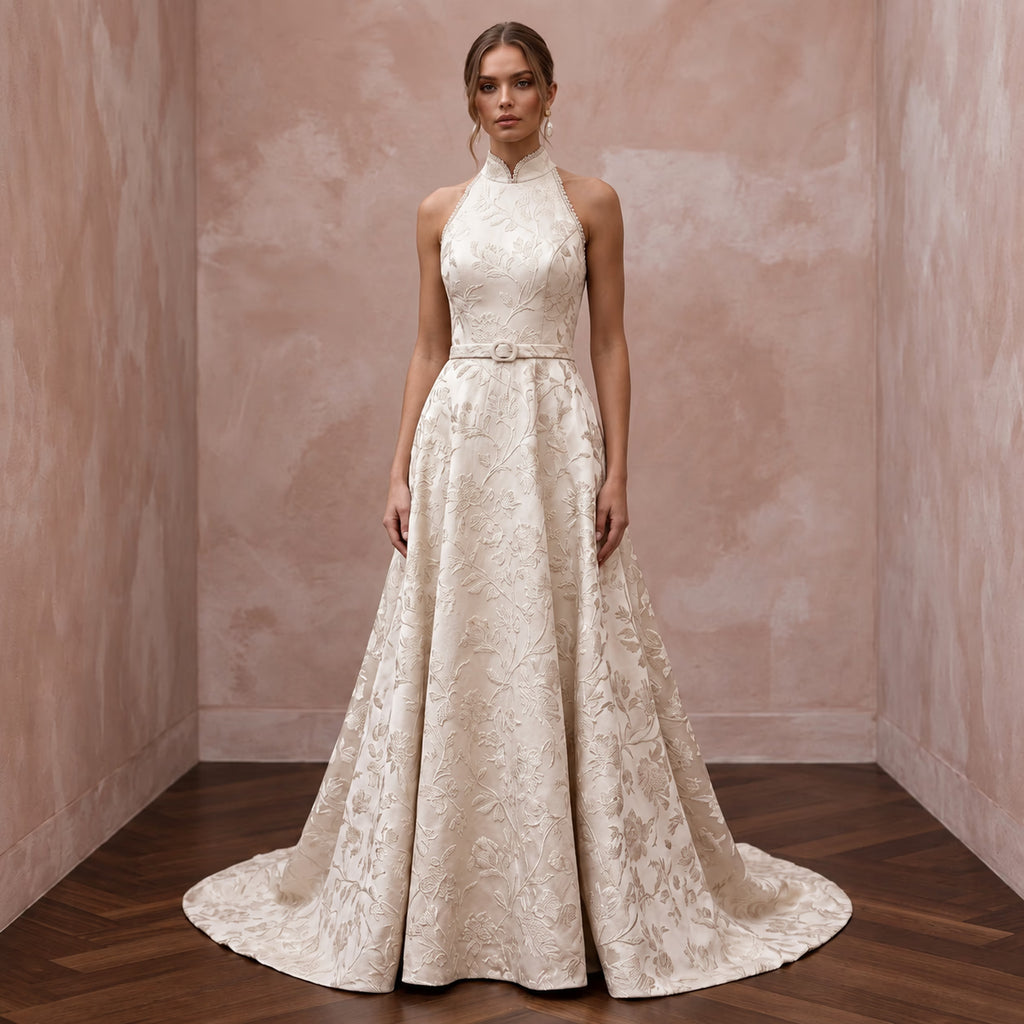 Modest Champagne Floral Jacquard High Neck A-Line Bridal Dress