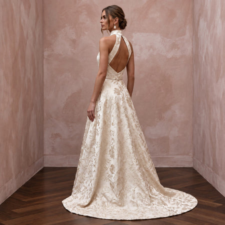Modest Champagne Floral Jacquard High Neck A-Line Bridal Dress