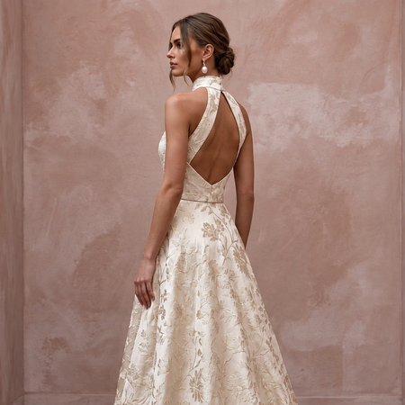 Modest Champagne Floral Jacquard High Neck A-Line Bridal Dress