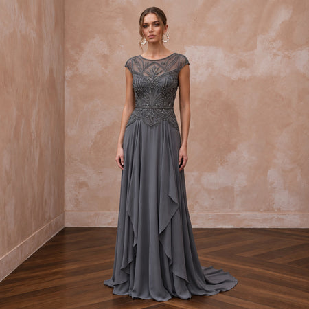 Modest Charcoal Grey Beaded Bodice Chiffon Skirt Formal Dress
